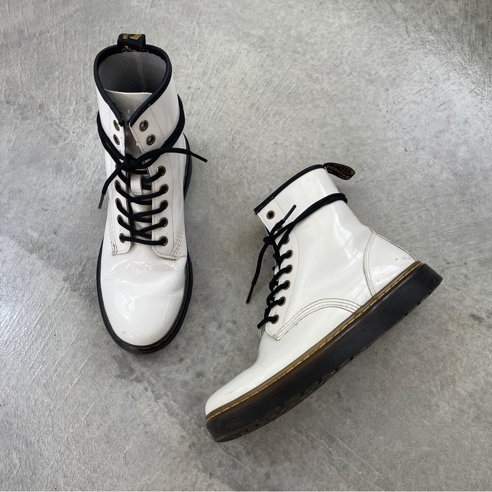 Dr Martens Zavala white patent leather combat boots